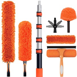 26FT High Reach Duster Cleaning Kit with 5-20 FTExtension Pole, High Ceiling Fan Cleaner Duster Tool for Fan Blades, Extendable Reusable Cobweb, Feather, Window Cleaning Squeegee Kit (20FT)