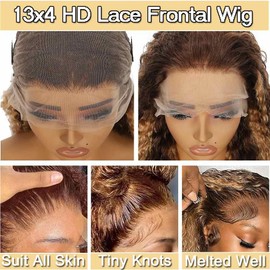 Highlight Lace Front Wig Human Hair 180 Density Brazilian Wet and Wavy Human Hair Wigs for Black Women Curly13x4 Lace Frontal Wig (P4/27 Highlight Color, 16 Inch)