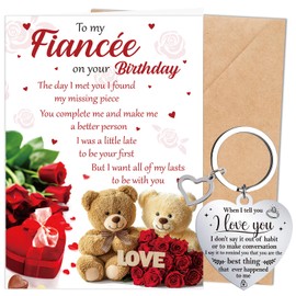 Luvart Fiancee Birthday Card for Her - 2Pcs Fiancee Gifts, Romantic Bear Rose Birthday Card Envelopes, I Love You Keyring, Sweet Valentines Birthday Gifts to Girlfriend My Bride to Be from Fiance