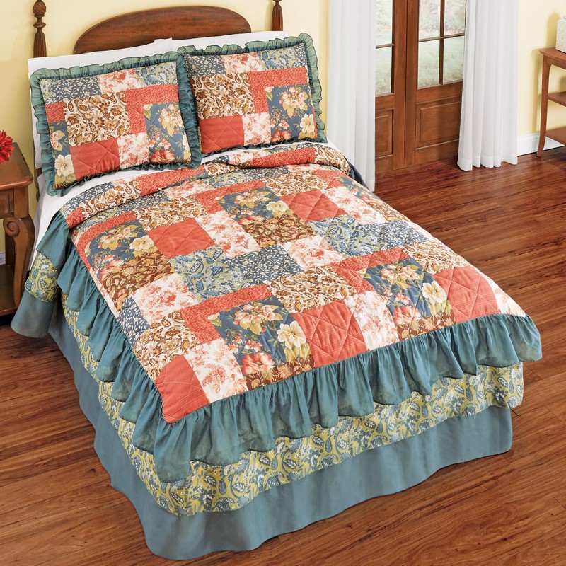 Collections Etc Fall Floral Patchwork Triple Ruffle Bedspread