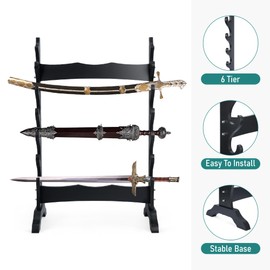 lukar 6 Tier Sword Stand Floor, Multilayer Sword Display Stand, Wooden Floor Standing Sword Rack, Large Sword Holder Floor Stand for Katana Samurai