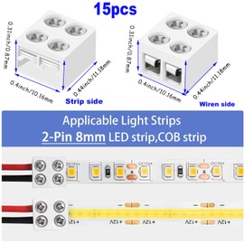 RUNCCI-YUN 15 Pack led Light Strips Connectors 8mm 2 Pin Solderless White 5V 12V 24V LED Tape Light Connectors with 65.62FT 22AWG Cable