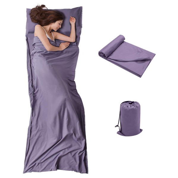 Sleeping Bag Liner, Travel & Camping Sheet for Adults, Lightweight and Compact Insert with Velcro - Comfortable Sleep Liners for Traveling, Hotel and Camping (Purple)