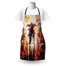 Ambesonne Fine Art Apron, Surrealistic Style Painting of Couple Under Umbrealla Print, Unisex Kitchen Bib with Adjustable Neck for Cooking Gardening, Adult Size, Multicolor
