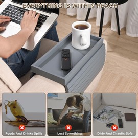 YUBAMIN Bamboo Sofa Arm Tray, Anti-Dropping Couch Arm Tray, Foldable Sofa Armrest Tray Couch Arm Table for Eats, Drinks, Snacks, Remote, Cellphone, Cup Holder, Back Anti-Slip Pad Design