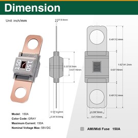AMI/Midi Car Fuses 150 Amp High Current Fuse, Bolt-on Fuse for Cars, Buses, RVs, Trucks, Construction Vehicles, Caravans, 3 Pack