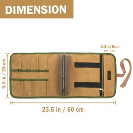 Tool Roll with Removable Tool Bag, 16 oz Waxed Canvas Tool Roll Bag - Khaki - Roll Bag with 7 Tool Slots & Zip Pockets | 60 cm x 25 cm