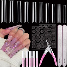 500 Pcs Square Nail Tips, AITRAI Long Nail Tips for Acrylic Nails Professional False Nails Clear Acrylic Nail Kit with Glue, Adhesive Tabs Acrylic Nail Clipper Files for Nail Art DIY