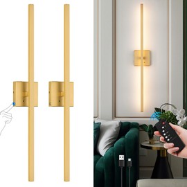 32 Inch Battery Operated Wall Sconces Set of 2, Dimmable Wireless Sconce Lighting Decor with Remote, Touch Control, Modern LED Rechargeable Wall Light for Living Room, Bedroom Brushed Gold 2 Pack