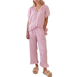 COZYPOIN Womens Gingham Pajama Set 2 Piece Plaid Cotton Pjs Cute Ruffle Sleepwear Maternity Bridesmaid Pajamas Loungewear(Pink-M)