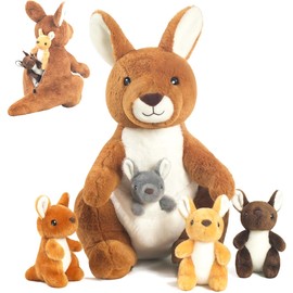 5 PCS Kangaroo Stuffed Animal, Mommy Stuffed Kangaroo Plush with 4 Babies Insides, Soft Kangaroos Plushies with Pouch and Joey Plush Toys in Zipper for Kids Birthday Gift Christmas Party Favors
