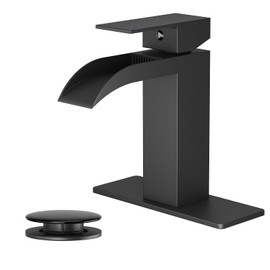Kroias Matte Black Waterfall Bathroom Faucet, Single Handle Bathroom Sink Faucet with Pop Up Drain, Bathroom Vanity Faucet with cUPC Supply Hose and Deck Plate Rv Lavatory Basin Faucet, 1 or 3 Hole