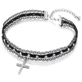 COOLSTEELANDBEYOND Gothic Lace Choker Necklace for Women Black Ribbon with Rhinestone Cross Pendant and Bead Accents