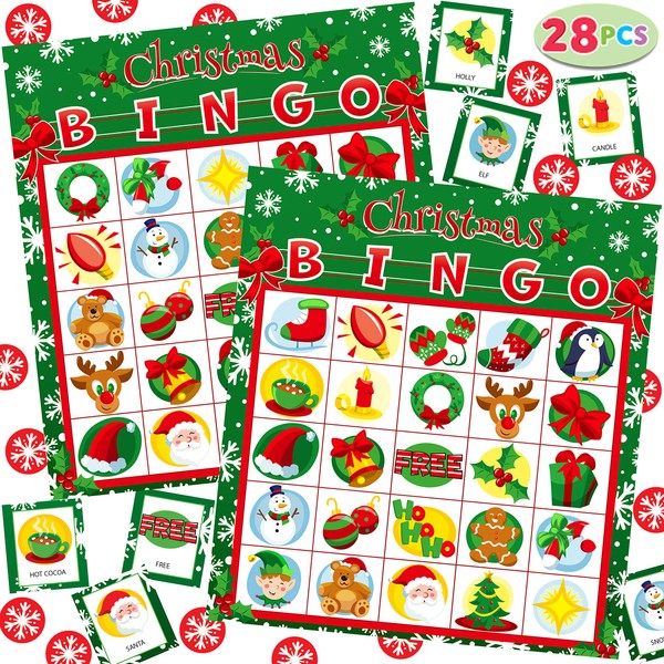 JOYIN 28 Players Christmas Bingo Cards (5x5) for Kids Xmas Party Supplies Goodies Games, Kids School Classroom Goody Gift Filler Stuffers, Indoor Family Activities