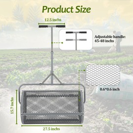 FAHKNS Compost Spreader for Lawn, 27 Inch Spreader with Adjustble Handle Used in Garden Topsoil, Durable Roller Spreader for Yard Work Grey