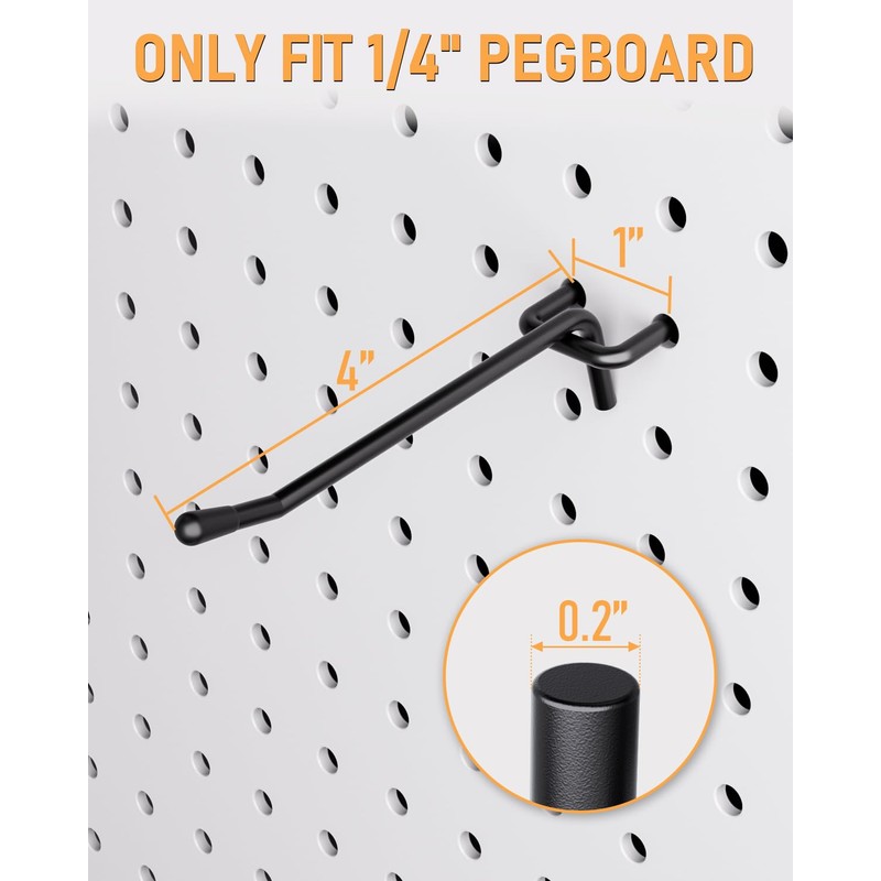 INCLY 60 Pack 4 Inch Black Pegboard Hooks, 1/4" Heavy
