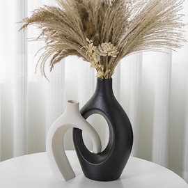 XL Black and Beige Snuggle Hollow Ceramic Vase of 2 for Coffee Table Decor, Modern Minimalist Aesthetic Donut Floral Vases, for Home Living Room Entryway Table Shelves Decorative (W 6.8" X H 11")