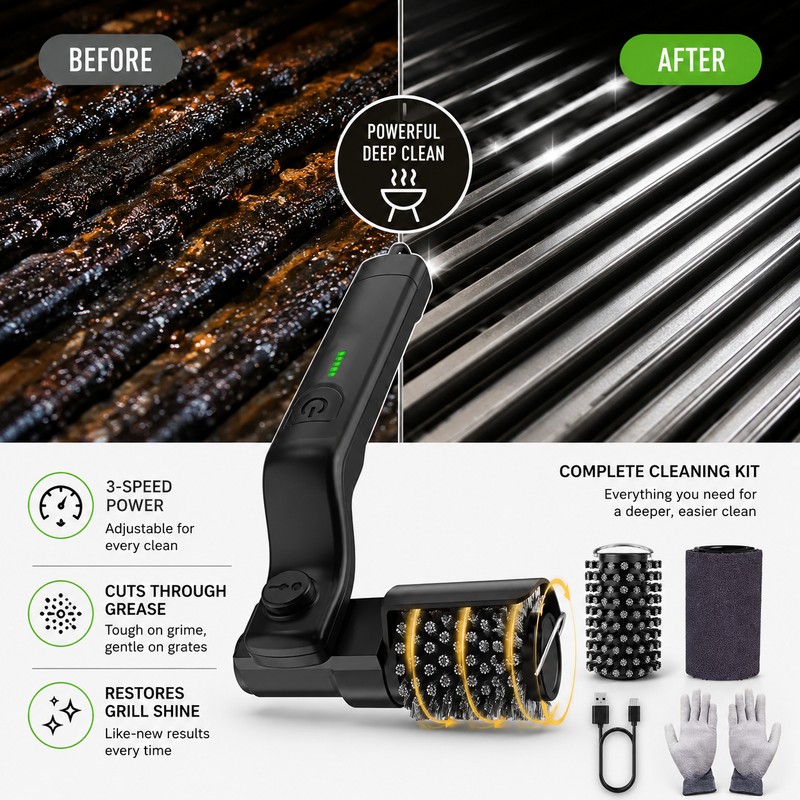 Electric BBQ Grill Brush for Outdoor Cleaning – 3-Speed Rechargeable