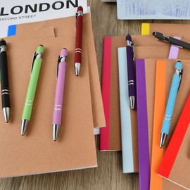 Wisebom Pack of 20 Notebook with Rainbow Spine and Ballpoint Pen Set, 1.0 mm Ballpoint Pen with Touch Pen Kraft Notebooks Notebook A5 for Office and Home