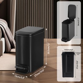 ELPHECO Small Bathroom Trash Can with Lid Soft Close 1.8 Gallon / 6.8 Liter Stainless Steel Garbage Can Slim Black Garbage Bin for Toilet, Office, Bedroom (Matte Black)