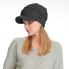 C.C Trendy Warm Oversized Chunky Soft Oversized Ribbed Slouchy Knit Hat with Visor Brim (Charcoal)
