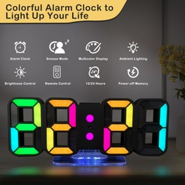 Seutgjie 3D LED Digital Alarm Clock, Table Clock, Digital Clock, 14 RGB Colour Changing, 12/24 Hours, 3 Brightness Adjustments, Night Brightness Mode, Snooze Mode with Remote Control, Black