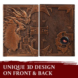 DND Notebook / Journal, Unique 200 Page Book with 3D Bronze Dragon Embossed Faux Leather Cover with Pen- Ideal for Dungeons & Dragons / D&D. Great RPG Accessories Gift for DM's & Players, Men or Women