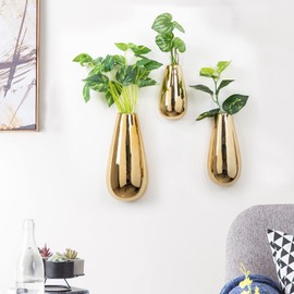 Nattol Wall Mount Metallic Gold Flower Vase, Ceramic Hanging Planter with Teardrop Shape, Set of 3 Contemporary Oval Plant Pots