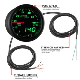 MaxTow Double Vision 4,000 PSI High Pressure Oil Pressure HPOP Gauge - Compatible with Power Stroke Diesel Engines 1994-2003 7.3L & 2003-2007 6.0L - Black Gauge Face - Green LED Dial - 2-1/16" 52mm