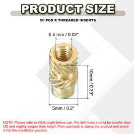 PATIKIL Threaded Inserts M3x10x5mm, 50 Pcs Brass Heat Set Insert Female Threaded Inserts Metric Knurled Nuts Embedment Nut for Plastic and 3D Printing Components, Gold