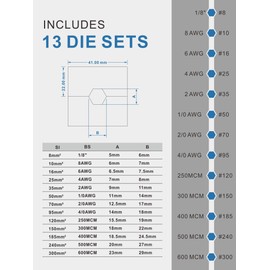 AMZCNC Industrial Hydraulic Cable Lug Crimper (16 TON) 9 AWG to 600 MCM Electrical Terminal Cable Wire Tool Kit with 13 Die Sets