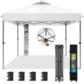 GREEN PARTY 10x10 ft Pop Up Canopy Tent, 1-Person Setup Instant Outdoor Canopy with Vented Top, Wheeled Carry Bag, 4 Ropes & 4 Sandbag -White