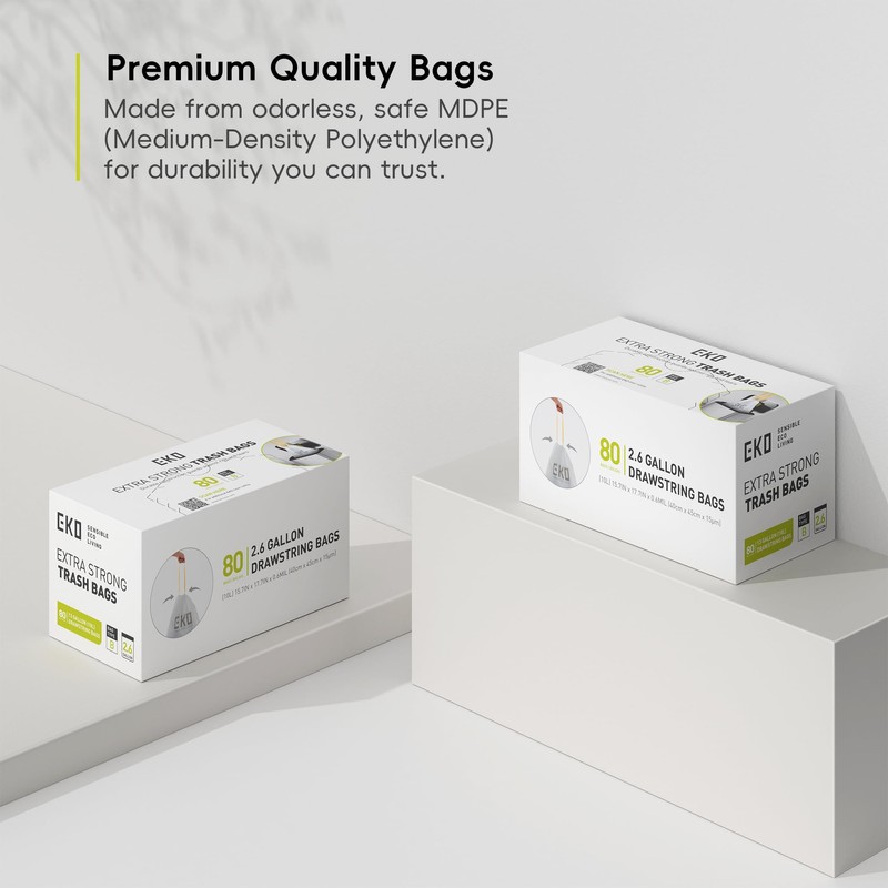 EKO Easy-Dispense Roll 80 Count Extra-Strong Drawstring Small Trash Bag,