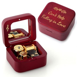 JYmusic Natural Solid Wood Clockwork Square Note Octave Box with Pause and Play Function, Gift for Birthday/Mother's Day/Children's Day/Valentine's Day/Christmas, Wine-red.