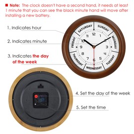 Lafocuse 12 Inch Solid Wood Silent Day of The Week Clock for Living Room, Retirement Clock for Elderly, Brown Day Clocks for Seniors