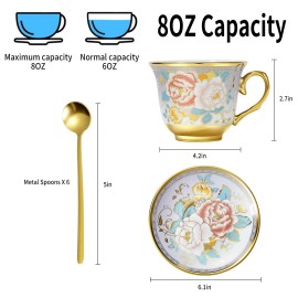 Xrbeou Tea Cups and Saucers, Tea Cup Set of 6, 8 OZ Floral Cups Porcelain Cup Set fo...