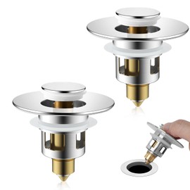 iFealClear 2 Pack Universal Bathroom Sink Stopper, Upgraded Brass Bullet Core Push Type Sink Strainer, All Metal Sink Drain Plug with Anti-Clogging Strainer, Polished Chrome