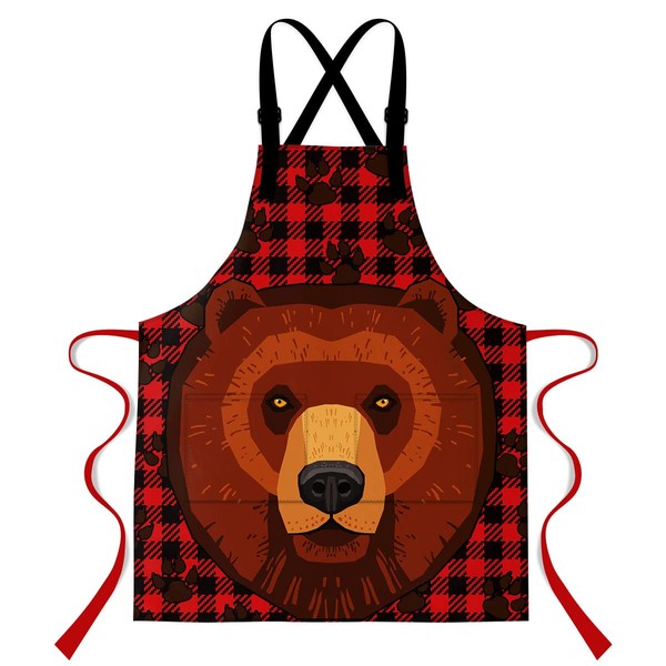 LshyMn Animal Bear Apron 33.4"x27.5" Rustic Vintage Buffalo Plaid Wildlife