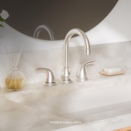 Phiestina Brushed Nickel 8 Inch 3 Hole Bathroom Sink Faucet, 2 Handle Widespread Bathroom Faucet with Metal Pop up Drain and Water Supply Lines, BF03065-B11-GBN
