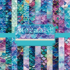 24 Mermaid Scale Scrapbook Paper Sheets, 6" x 6" Glitter Scales, Great for DIY Cards, Journals, Gift Wrap (A)