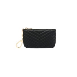 Daisy Rose Quilted Chevron Keychain Pouch & Coin Purse with Clasp - Luxury PU Vegan Leather - Black