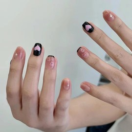 Heart Press on Nails Short Square Black French Press on Nails with Pink Love Heart Designs Glossy Full Cover Acrylic Short False Nails Glue Fingernails Artificial Cute Fake Nails for Women Girls 24pcs