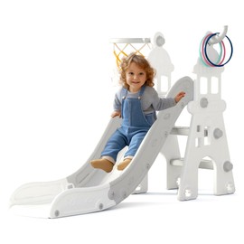 Glaf Toddler Slide Indoor 4 in 1 Kids Slide Baby Slide Toddler Playground for Backyards with Basketball Hoop, Ball and Ring Toss, Outdoor Toys for Toddlers 1-3 Boys Girls (Gray)