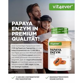 vit4ever Papaya Enzym Kapseln hochdosiert - 2100 mg Papain aus Papaya - 12.600.000 U Enzymaktivität - 180 vegane magensaftresistente Kapseln - Ohne unnötige Zusätze