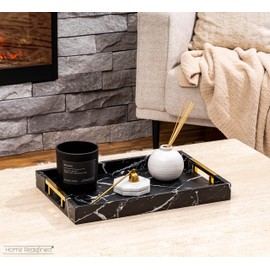 Home Redefined Modern Elegant 18"x12" Rectangle Black Marble Faux Leather Decorative Tray Ottoman Coffee Table Perfume Living Room Kitchen Serving Tray with Gold Polished Handles for All Occasion's