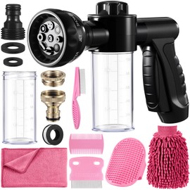 Baderke 10 Piece Dog Washing Hose Attachment Dog Hose Nozzle with Soap Dispenser Pet Shower Tool Set Dog Comb Bath Brush Towel Car Wash Mitt Brass Converter Tape for Pet Garden Car Washing(Black)
