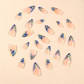 Press on Almond Nails Medium Length Acrylic Glossy Full Cover Pointed Almond French False Nails with Designs Artificial Almond Fake Nails with Charms Glue Stick ons Fingernails for Women(A60411)