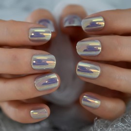 Metallic Press On Nails Short Round Fancy Unique Gorgeous Art Cute Life Wedding Date Faux Ongles 24pcs