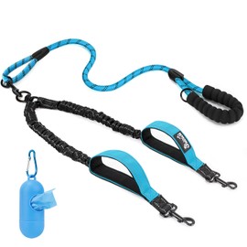 Lukovee Double Dog Leash, No Tangle 360° Swivel Heavy Duty Reflective Lead with Two Padded Handles Dual Dog Splitter, Comfortable Shock Absorbing Walking Training for Small Medium Large Dogs(Blue,M)