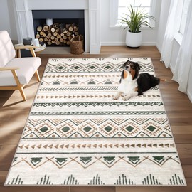 Area Rug 3x5 Geometric Rug: Washable Boho Moroccan Rugs Soft Farmhouse Rug, Modern Neutral Stain Resistant Indoor Floor Carpet for Living Room Bedroom Dining Table Nursery(Brown Green,3'x5')
